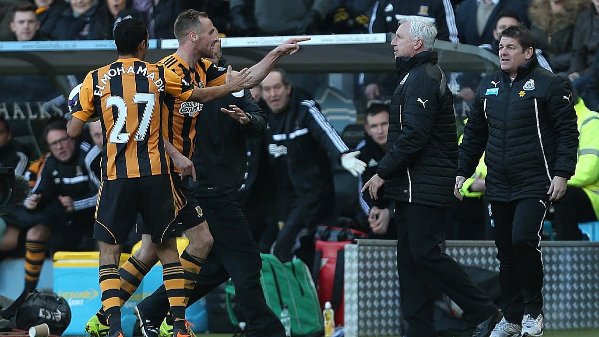 Lynne Cameron/PA : Alan Pardew, second right, was hit with a seven-game ban after his confrontation with David Meyler.