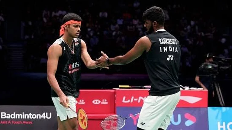 Indian double's pair of Satwik-Chirag in action at the quarterfinal round of the French Open Super 750 Badminton tournament on March 8, Friday 2024. - (Photo: X|India_AllSports)