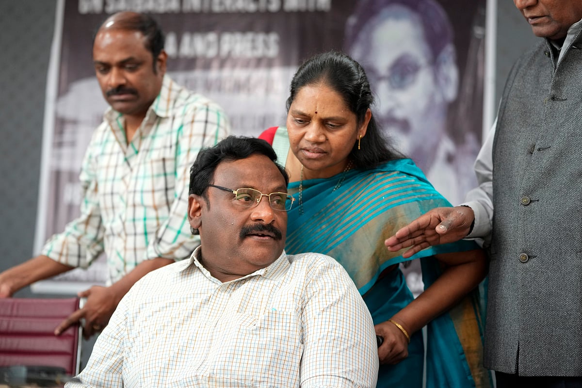 PTI : Former Delhi University professor G.N. Saibaba with wife Vasantha Kumari during a press conference following his release from the Nagpur Central Jail after the Bombay High Court acquitted him in an alleged Maoist links case, in New Delhi, Friday, March 8, 2024. 