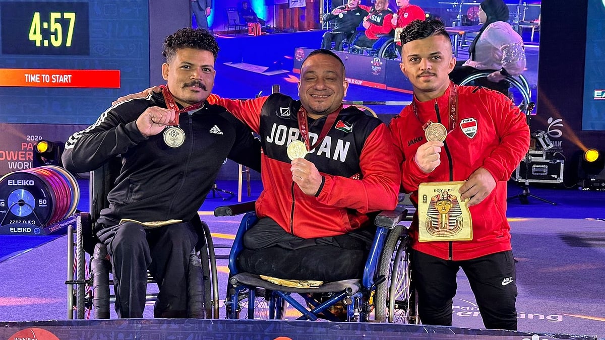 (Photo: X | SAI Gandhinagar) : Parmjeet Kumar (first from left) wins the silver medal at the Para Powerlifting World Cup 2024 in Sharm El Sheikh, Egypt on March 21, Thursday.