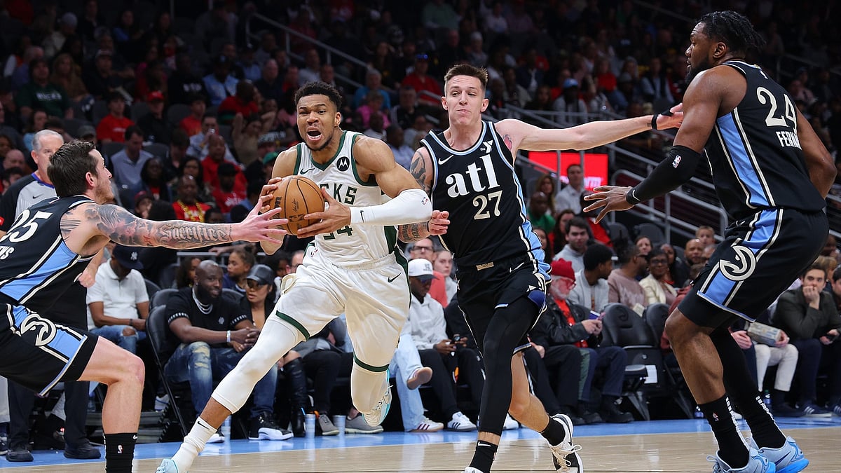 Giannis Antetokounmpo (#34) of the Milwaukee Bucks in action during their NBA 2023-24 game against Atlanta Hawks at State Farm Arena on Sunday (March 31).