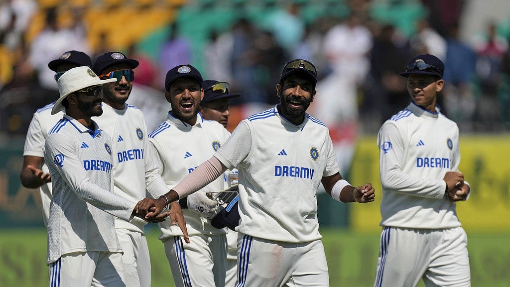 India celebrate after winning the fifth Test match against England in Dharamshala on Day 3 (March 9, 2024). - AP/Ashwini Bhatia