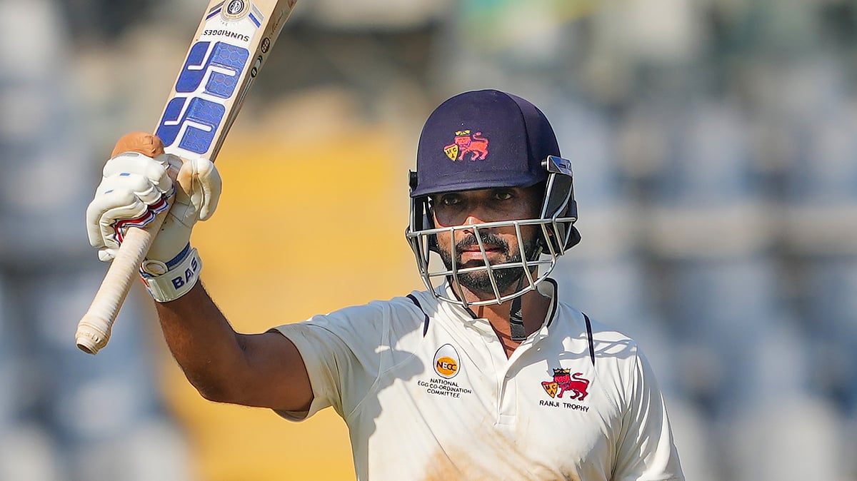 PTI : Mumbai's Ajinkya Rahane celebrates his half-century against Vidarbha during their Ranji Trophy final match at Wankhede Stadium in Mumbai on March 11, 2024.