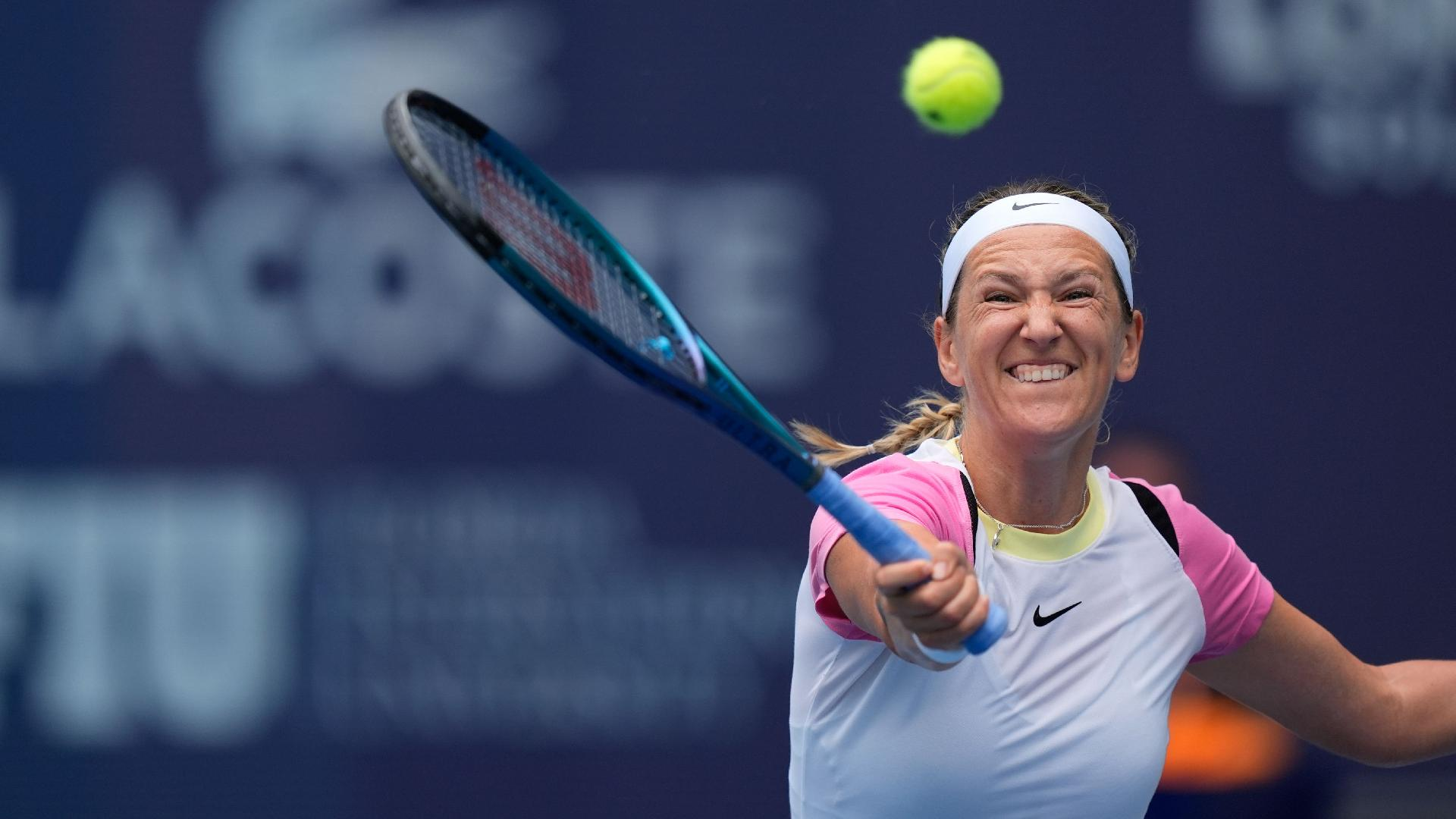 Rebecca Blackwell/AP : Victoria Azarenka plays a ball from Yulia Putintseva.