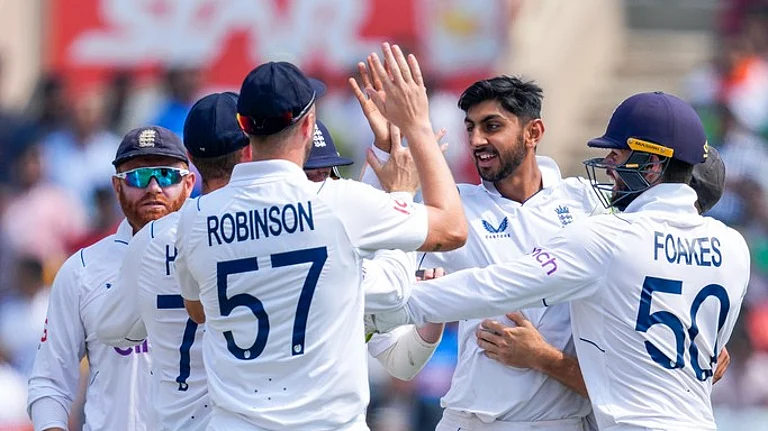 England's Shoaib Bashir, second right, celebrates the wicket of India's Rajat Patidar on Day 4 of the fourth Test in Ranchi, February 26, 2024. - AP