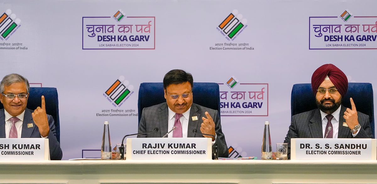 PTI : Chief Election Commissioner Rajiv Kumar flanked by Election Commissioners Gyanesh Kumar and SS Sandhu gestures during announcement of the schedule for General Elections 2024, in New Delhi, Saturday, March 16, 2024. 