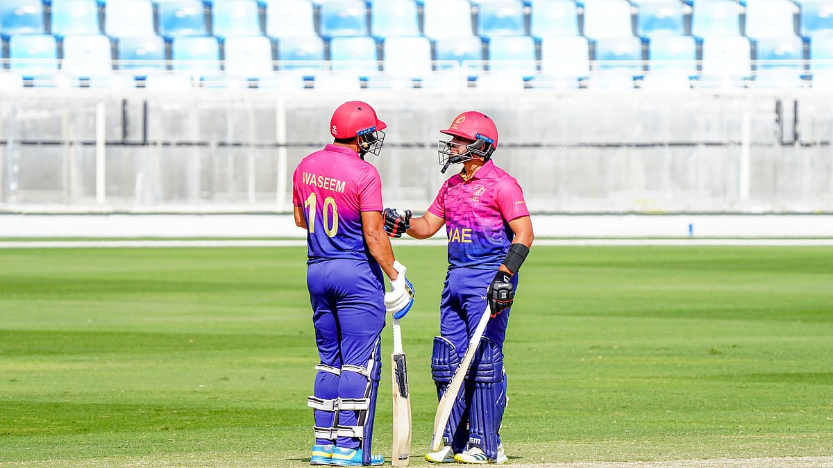 (Photo: X|EmiratesCricket)  : UAE National Cricket team in action at the ICC Men's Cricket World Cup League 2 in a match against Canada on February 28, 2024. 