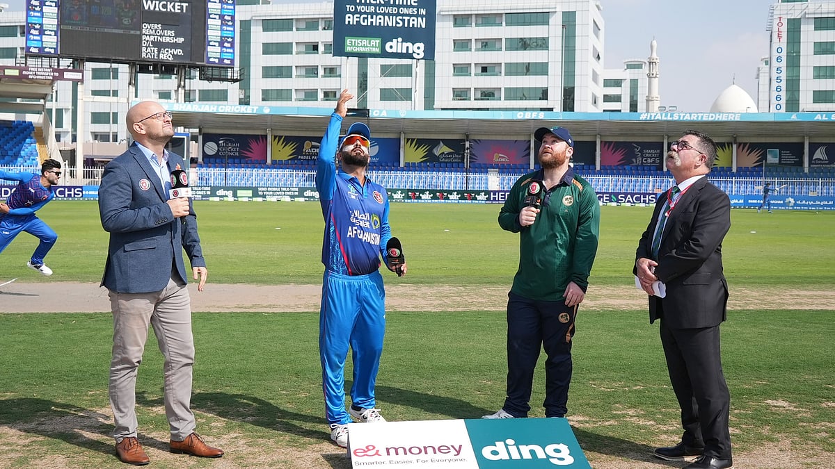X/Afghanistan Cricket Board : Captains Hashmatullah Shahidi (second from left) and Paul Stirling (third from left) at the toss for the third ODI between Afghanistan and Ireland in Sharjah on Tuesday (March 12, 2024).