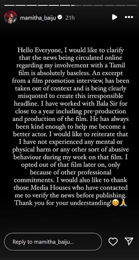 Mamitha Baiju on Instagram Stories