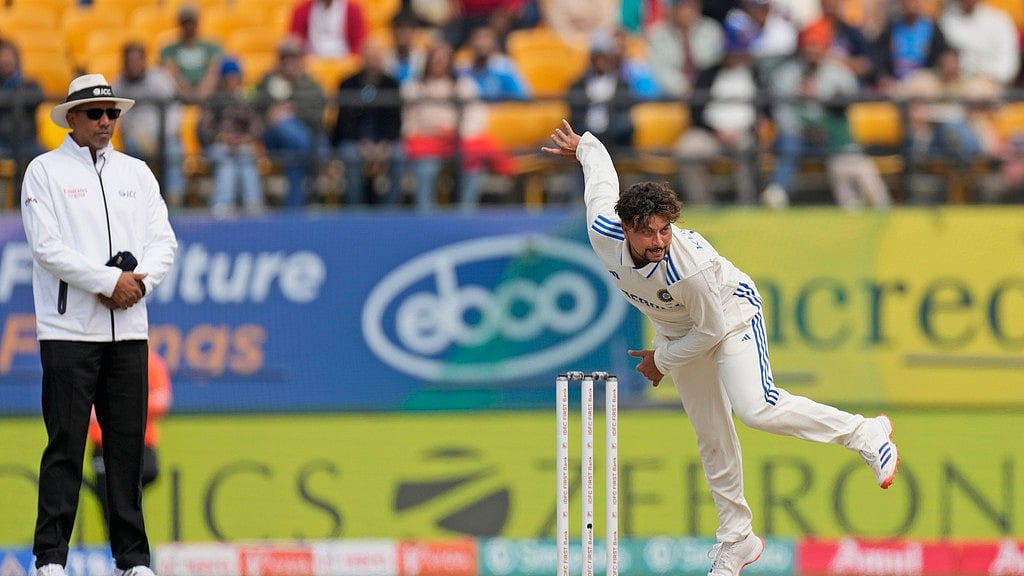 India's Kuldeep Yadav bowls on the first day of the fifth and final test match between England and India in Dharamshala, India, Thursday, March 7, 2024. - Ashwini Bhatia