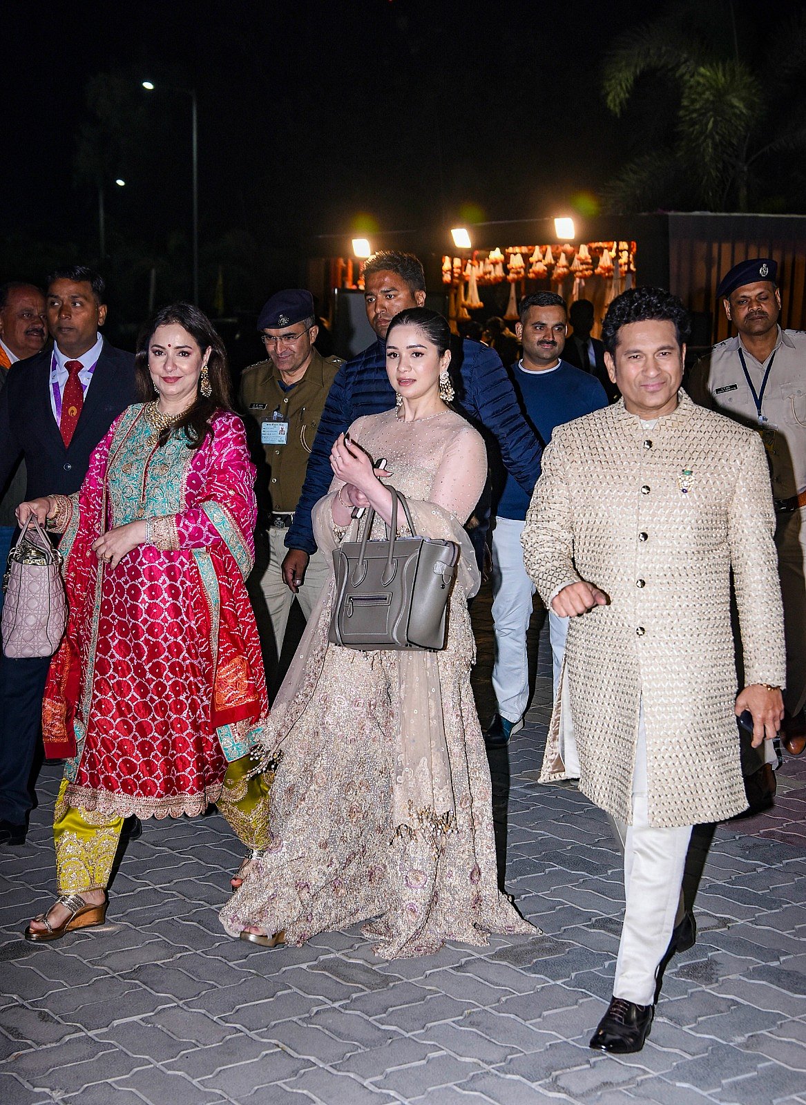 Sachin Tendulkar with daughter Sara and wife Anjali at Anant Ambani's pre-wedding bash in Jamnagar, Gujarat.