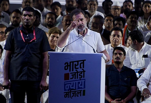 Getty Images : Rahul Gandhi speaking during the Bharat Jodo Nyay Yatra gathering in Mumbai
