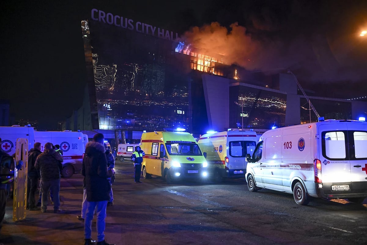 Ambulances parked near the burning Crocus City Hall near Moscow | - AP