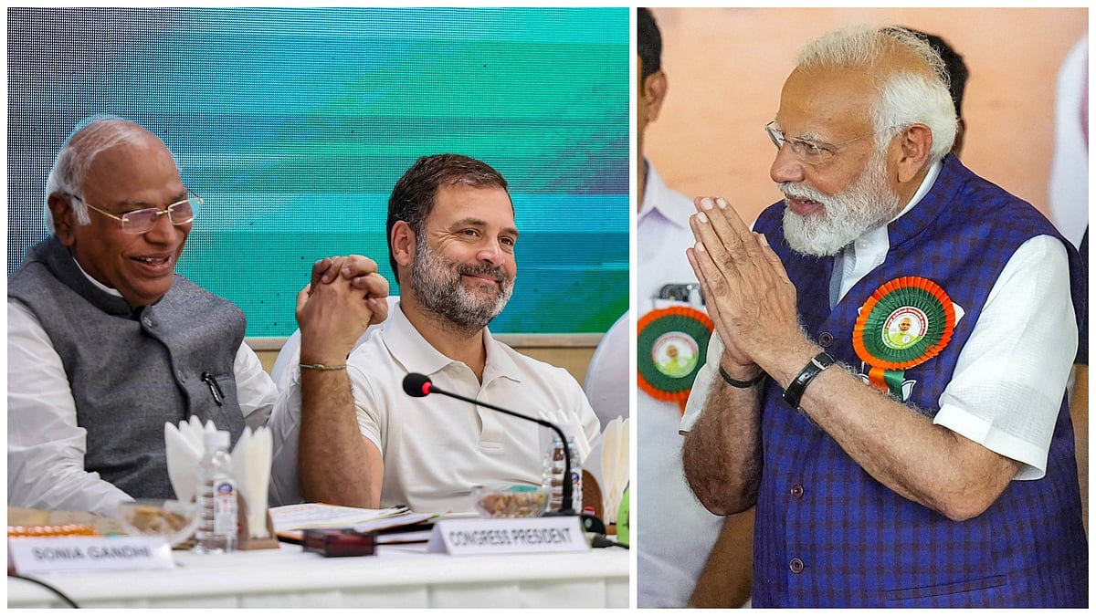 PTI : L: Congress leaders Mallikarjun Kharge and Rahul Gandhi | R: Prime Minister Narendra Modi