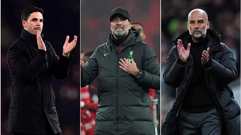 Mikel Arteta, Jurgen Klopp and Pep Guardiola (left to right) face a tense run-in. - John Walton/Adam Davy/Bradley Collyer/PA