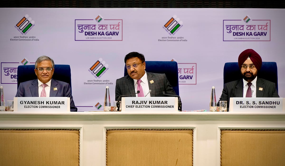 AP : Chief Election Commissioner Rajiv Kumar (center), Election Commissioner Gyanesh Kumar, and Election Commissioner  Sukhbir S. Sandhu during the press conference on March 16, 2024.