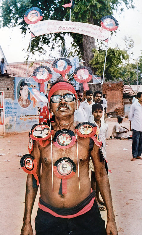 Party Mascot: A DMK supporter at the 1997 party conference in Salem 