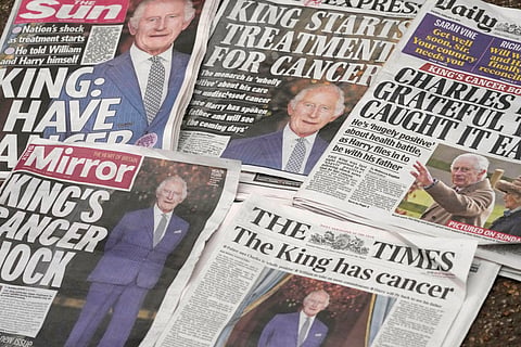A selection of front pages of the British national newspapers for Feb. 6, 2024, after it was announced that King Charles III has cancer.