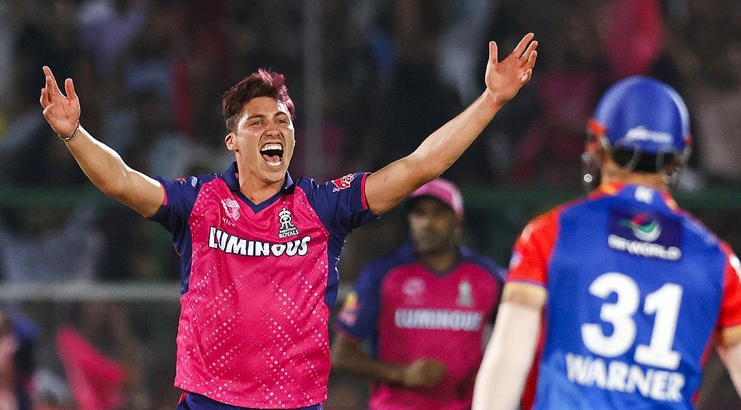 X/@RajasthanRoyals : Nandre Burger during Rajasthan Royals vs Delhi Capitals, IPL 2024, Jaipur
