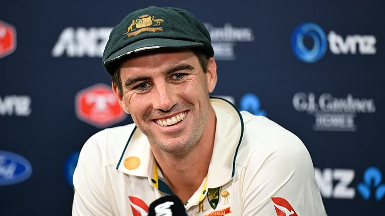 Australian captain Pat Cummins smiles during a press conference following their 172 run win in the first test against New Zealand at the Basin Reserve in Wellington, New Zealand, Sunday, March 3, 2024.
- (Andrew Cornaga/Photosport via AP)