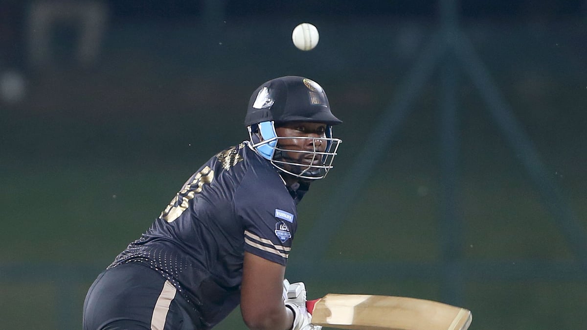 Photo: Legends Cricket Trophy : Rajasthan Kings' Ashley Nurse made 97 off 41 balls against New York Superstar Strikers in the Legends Cricket Trophy 2024 Final on Tuesday.