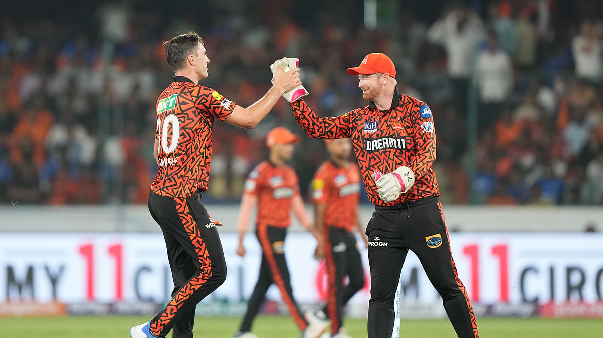 Sunrisers Hyderabads Heinrich Klaasen, right, greets captain Pat Cummins