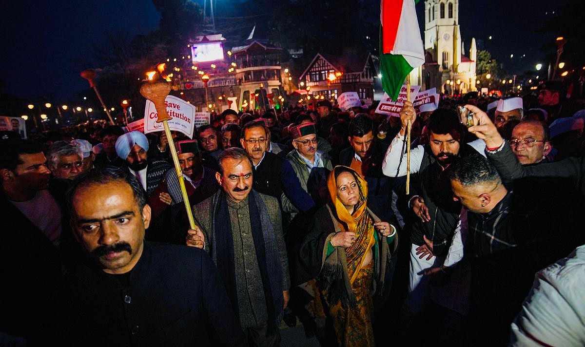 PTI : Himachal Pradesh Chief Minister Sukhvinder Singh Sukhu with Himachal Pradesh Congress President Pratibha Singh takes part in a protest march against the Central Government, in Shimla