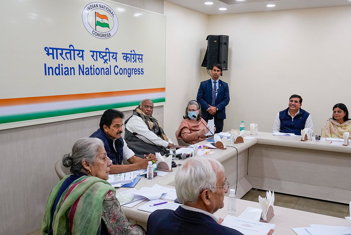 New Delhi: Congress President Mallikarjun Kharge with party leaders Sonia Gandhi, KC Venugopal, Ambika Soni and others during the Congress Central Election Committee (CEC) meeting for the upcoming Lok Sabha polls, at AICC Headquarters in New Delhi, Thursday, March 7, 2024.  - PTI/File