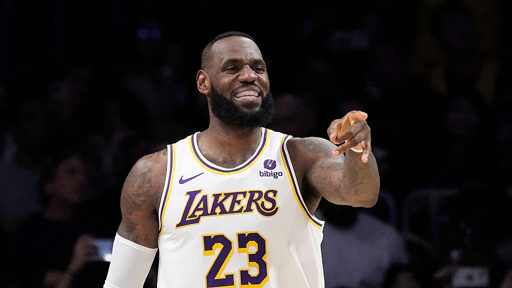 AP/Mark J. Terrill : Los Angeles Lakers forward LeBron James gestures during the first half of an NBA basketball game against the Denver Nuggets on Sunday, March 2, 2024 in Los Angeles.