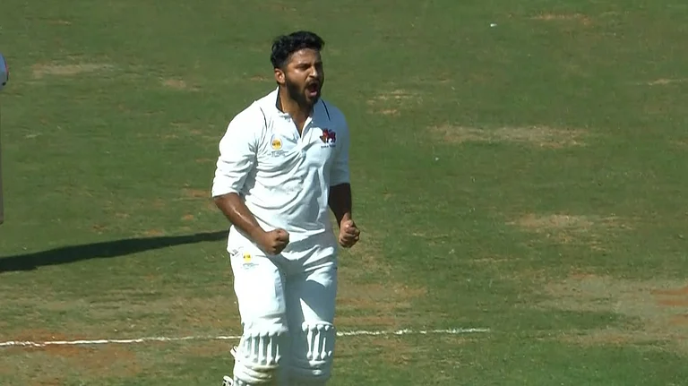 Mumbai all-rounder celebrates his century against Tamil Nadu on Day 2 of their Ranji Trophy semi-final match in Mumbai, March 3, 2024. - BCCI