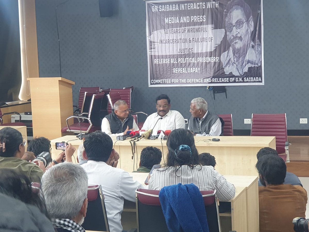 Former Delhi University Professor GN Saibaba in a Press Meet in Delhi After his Release from Nagpur Central Jail. 8 March 2024
