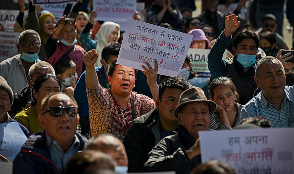 Residents from Ladakh hold placards demanding statehood for their region during a protest at Jantar Mantar, Delhi.  - Getty Images