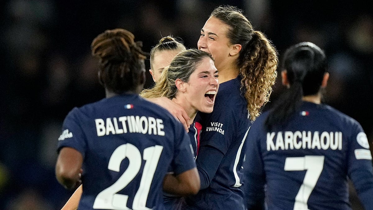 PSG's Korbin Albert, center left, celebrates after scoring a goal during their UEFA Women's Champions League quarterfinals, second leg match against BK Hacken at Parc des Princes in Paris on March 28, 2024. - AP/Thibault Camus