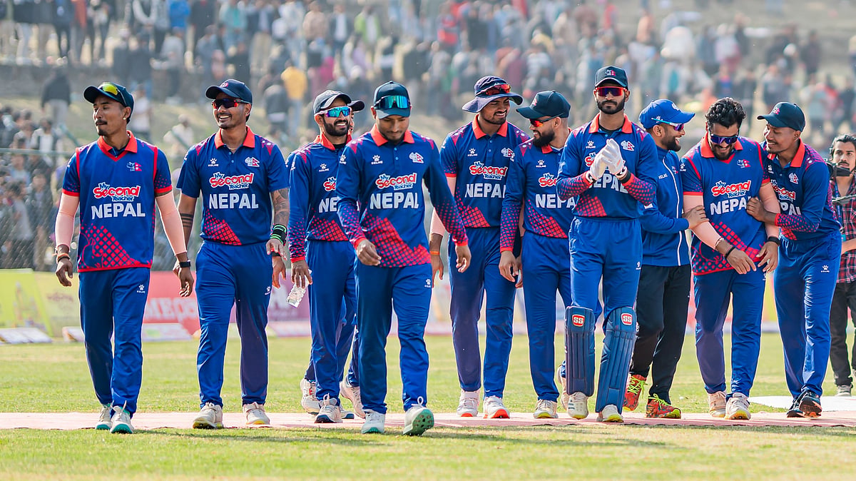 X/CricketNep : Nepal celebrate their victory over Namibia in match 4 of the ongoing tri-nation T20I series 2024 in Kirtipur on March 1.