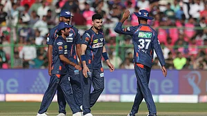 AP Photo/Pankaj Nangia : Lucknow Super Giants' Naveen-ul-Haq, without cap, celebrates with teammates after the dismissal of Rajasthan Royals' Riyan Parag during the Indian Premier League match between Rajasthan Royals and Lucknow Super Giants in Jaipur.