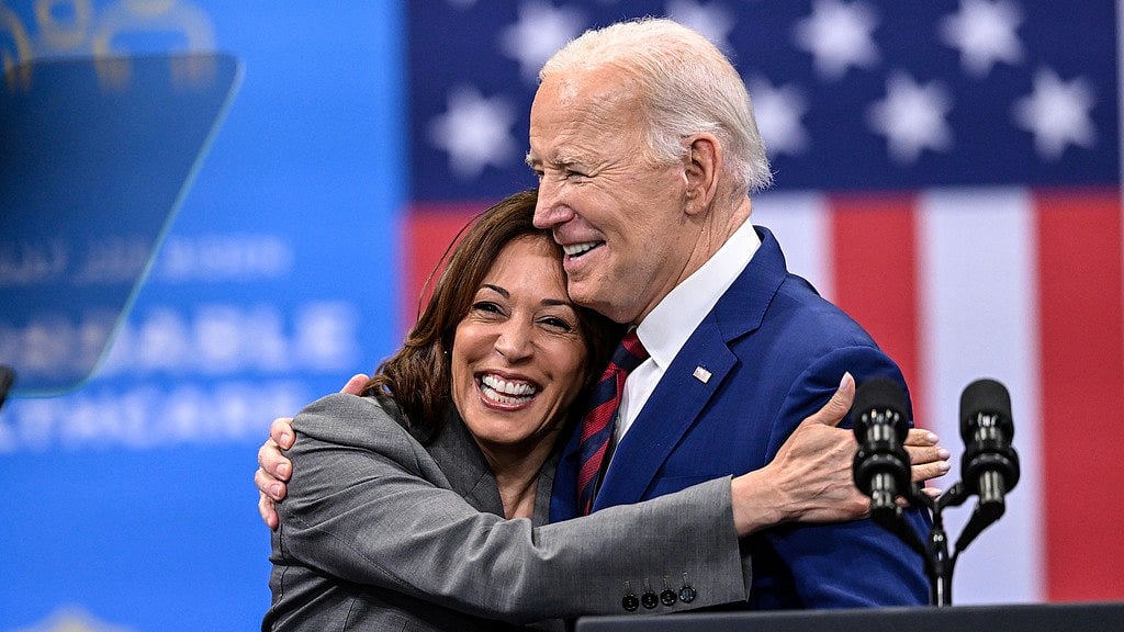 Vice President Kamala Harris embraces President Joe Biden after a speech on healthcare in Raleigh, N.C., Tuesday, March. 26, 2024.  - AP