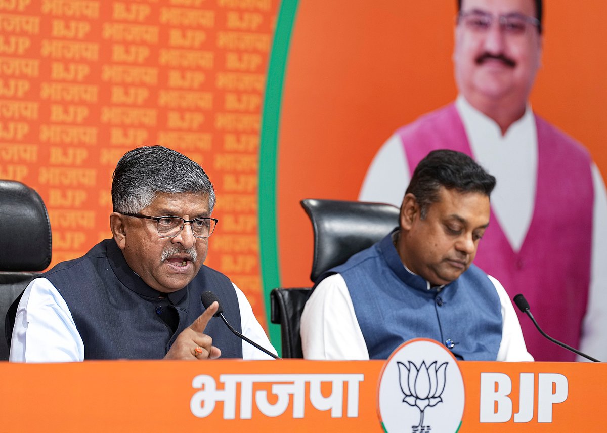 PTI : BJP leaders Ravi Shankar Prasad and Sambit Patra address a press conference at party headquarters, in New Delhi, Thursday, March 21, 2024.