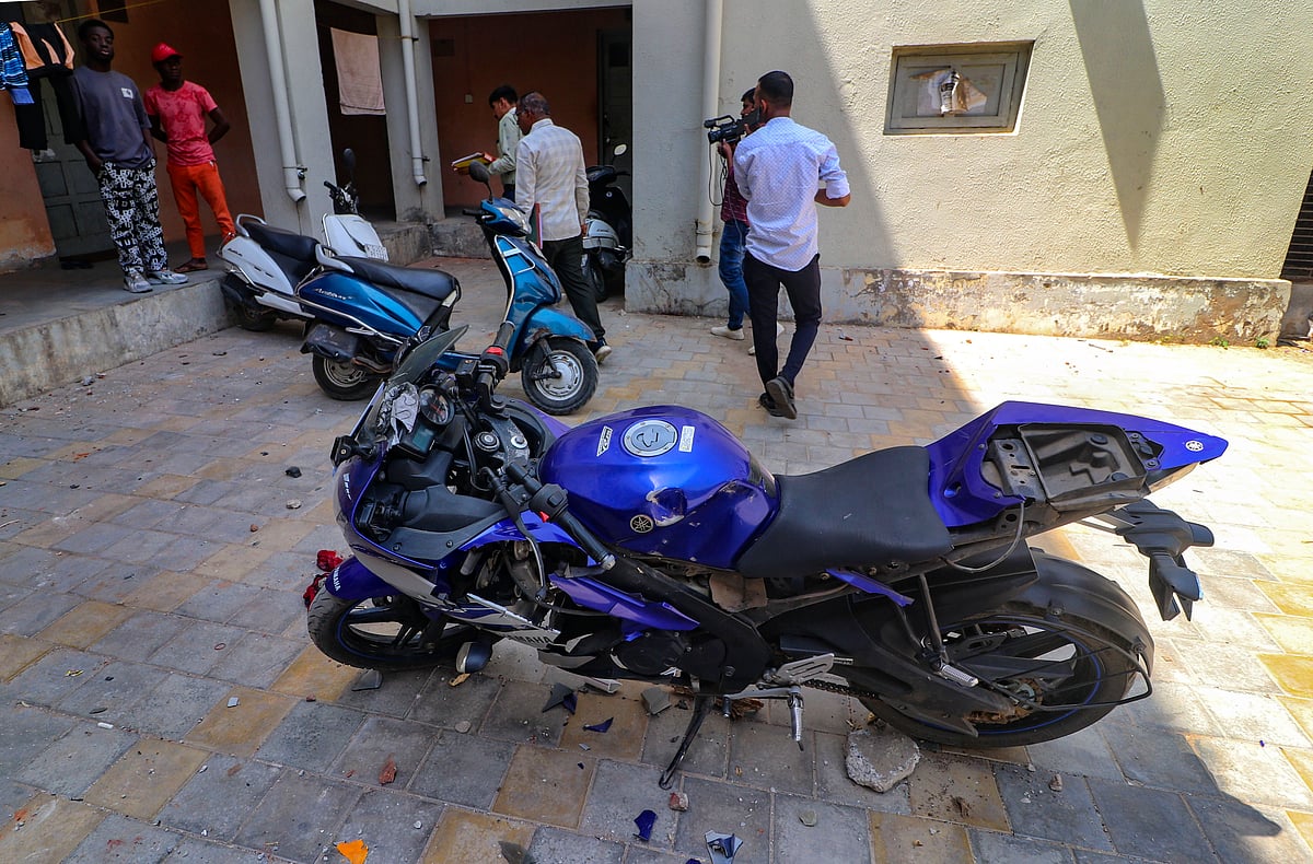 PTI : Ahmedabad: A damaged bike on the Gujarat University hostel campus students hailing from different foreign countries were assaulted allegedly by a group of persons over the issue of offering Namaz, in Ahmedabad