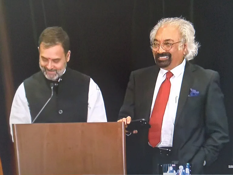 File photo of Congress leader Rahul Gandhi with Indian Overseas Congress chief Sam Pitroda - ANI