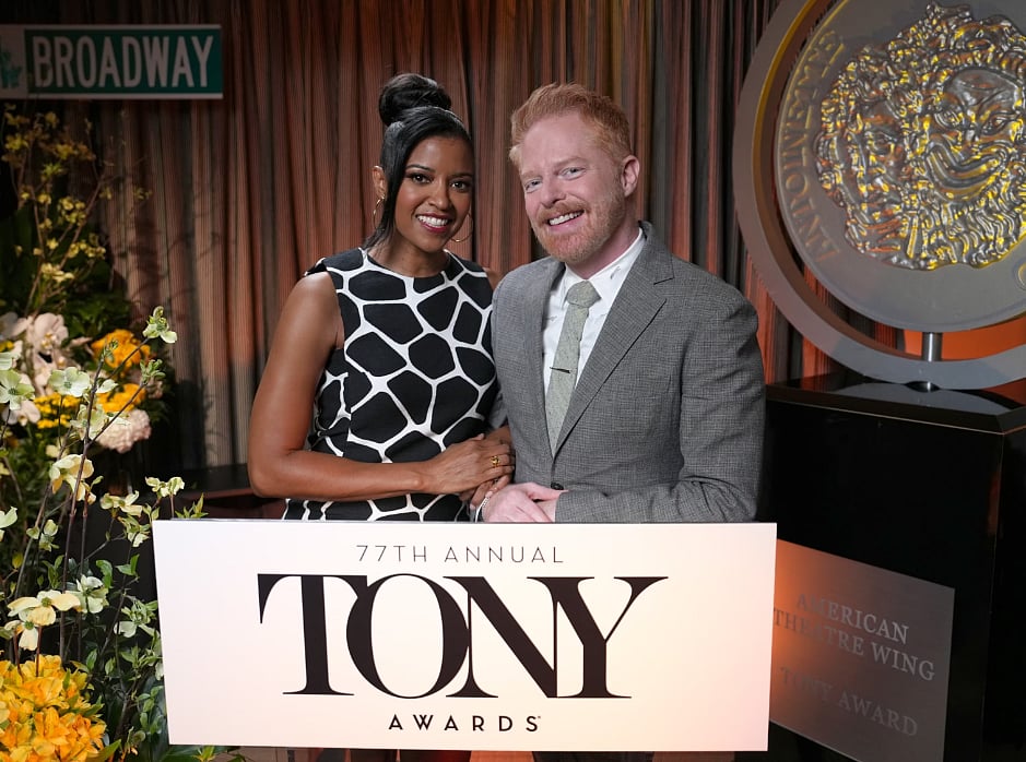 Getty Images : Renee Elise Goldsberry and Jesse Tyler Ferguson host The 77th Annual Tony Award Nominations live in New York City on April 30, 2024.