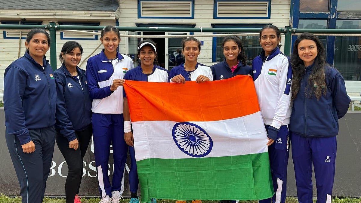 X/All India Tennis Association : The Indian women's tennis team celebrates its victory over Chinese Taipei at the Billie Jean King Cup 2024 Asia-Oceania Group-1 in Changsha, China, on Thursday (April 11).