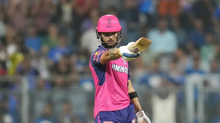 Riyan Parag celebrates his half-century during the Rajasthan Royals vs Mumbai Indians game in Indian Premier League 2024. - BCCI/IPL