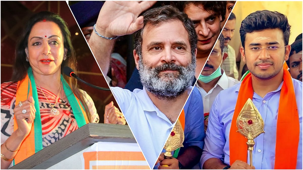 X/@dreamgirlhema, @RahulGandhi, @Tejasvi_Surya : Left - BJP's Hema Malini, Centre - Congress's Rahul Gandhi, Right- BJP's Tejasvi Surya