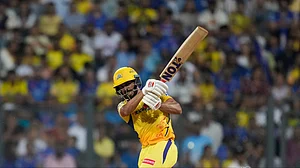 AP Photo/ Rafiq Maqbool : Chennai Super Kings' captain Ruturaj Gaikwad plays a shot during the Indian Premier League cricket match between Mumbai Indians and Chennai Super Kings in Mumbai.