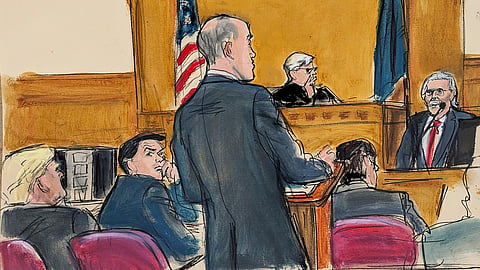 Donald Trump, far left, and defense attorney Todd Blanche, second from left, listen as defense attorney Emil Bove cross examines David Pecker on the witness stand, Friday, April 26, 2024, in New York. 