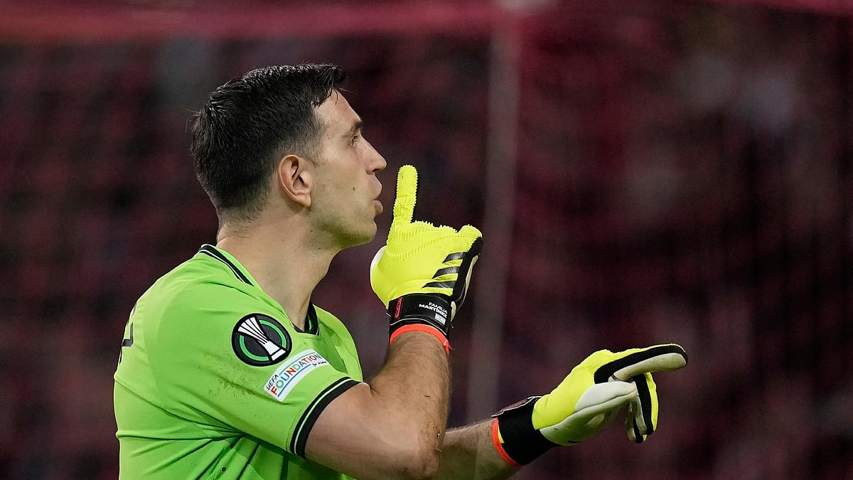 Christophe Ena/AP : Emiliano Martinez will miss Aston Villa’s Europa Conference League semi-final first leg with Olympiacos.