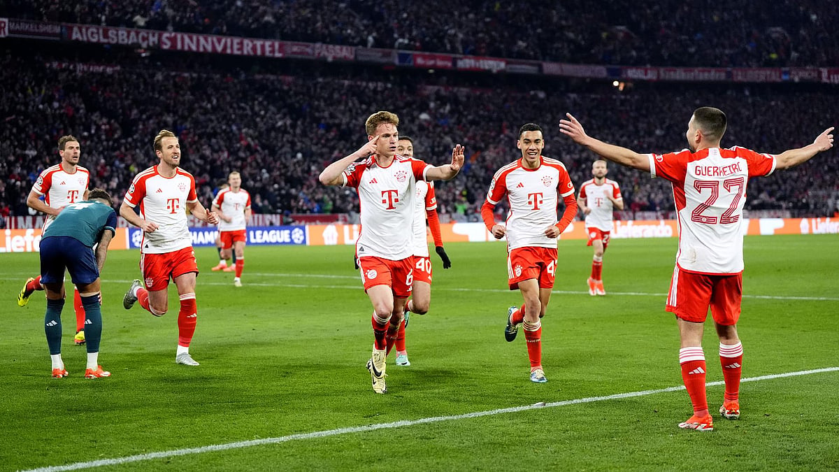 Nick Potts/PA : Joshua Kimmich, centre, sent Bayern Munich through with a bullet header in the UEFA Champions League quarter-final, second leg match against Arsenal.