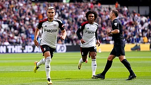 Bradley Collyer/PA via AP : Fulham's Andreas Pereira, left, celebrates a goal against West Ham United during their English Premier League match at the London Stadium, London on April 14, 2024.