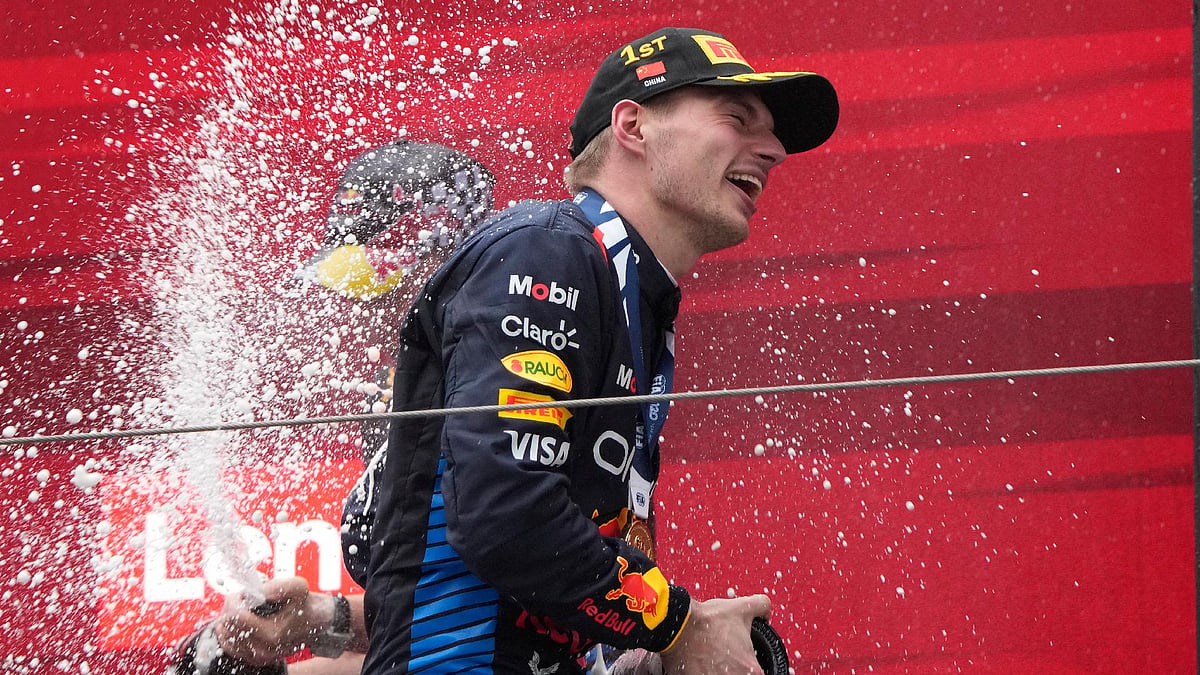 Andy Wong/AP : Max Verstappen celebrated winning Sunday’s Chinese Grand Prix.