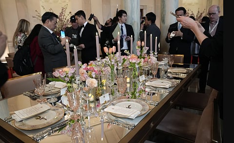Tables decorated during press preview at the White House. 